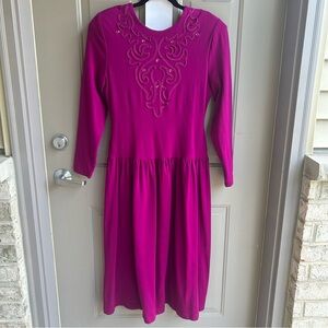 Vintage Dennis Goldsmith Magenta Knit Dress Long Sleeve Rhinestone USA Medium